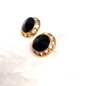 Vintage Eisenberg Ice Black & Clear Halo Crystal Button Pierced Earrings